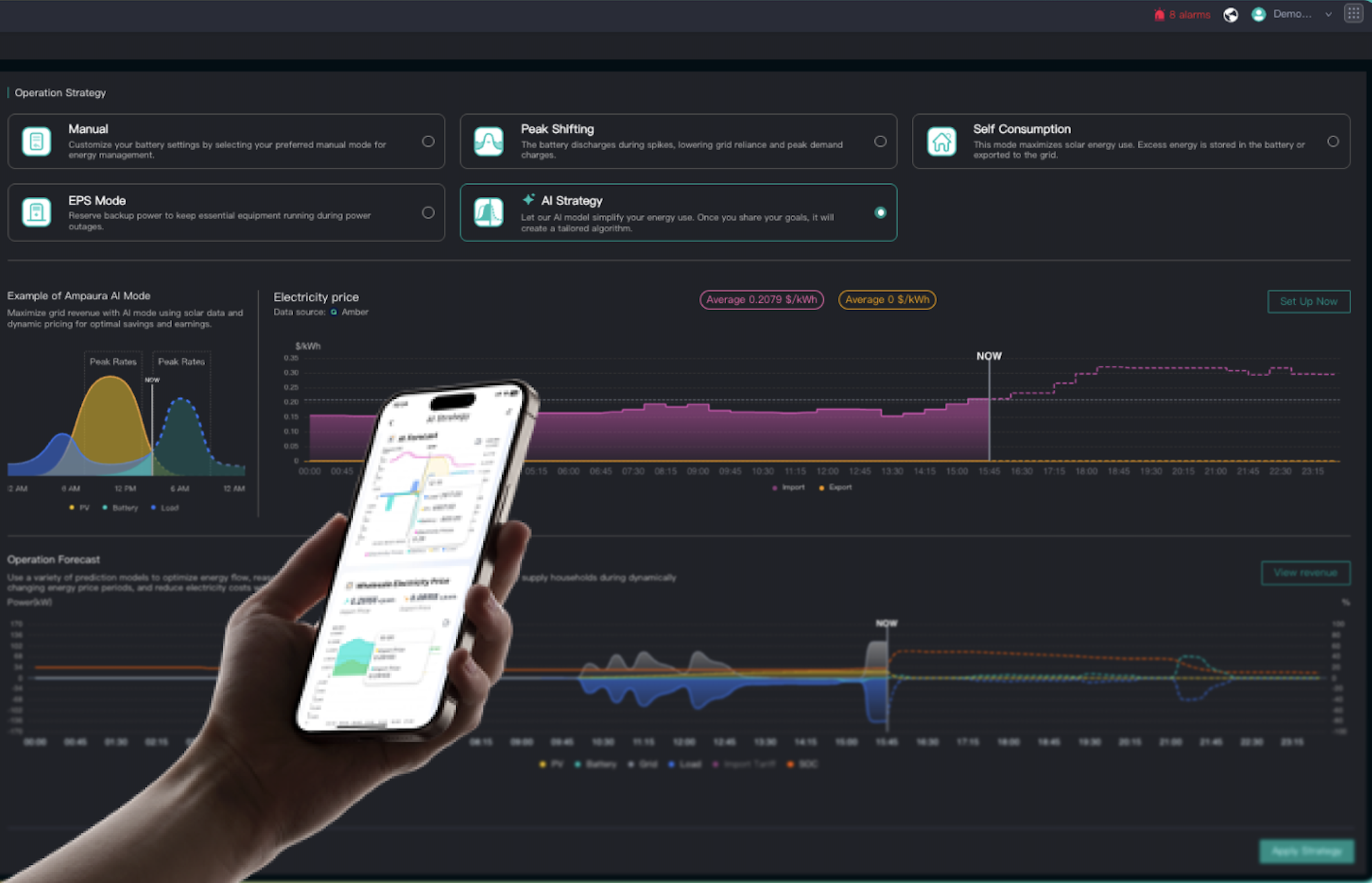 Ampaura AI strategy interface with electricity prices, operating forecasts and mobile monitoring