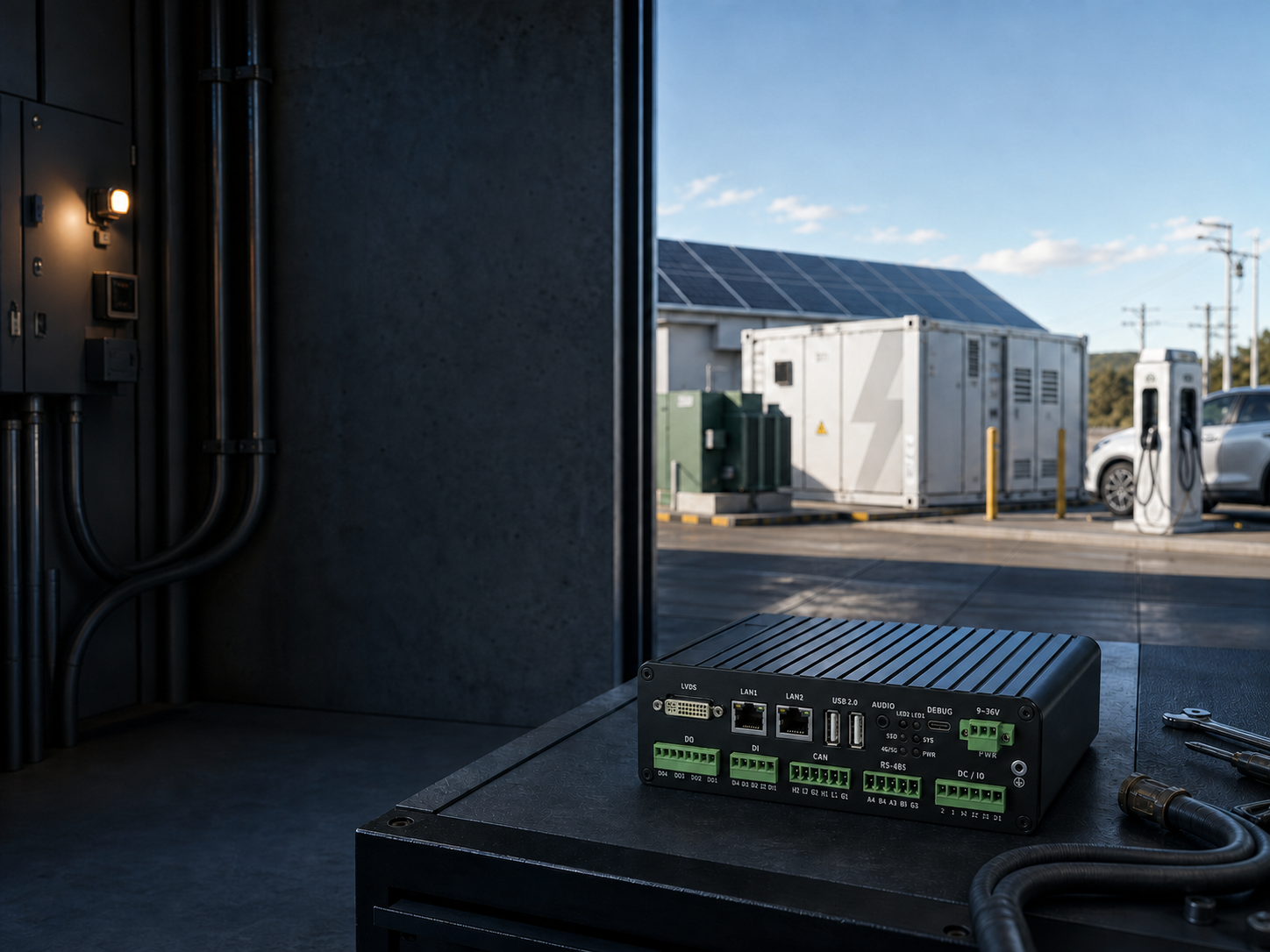 AmpauraGateway at a commercial solar, battery and EV charging site