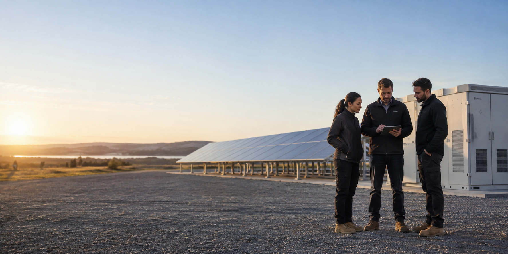 Operations team reviewing a solar and battery energy site at sunset